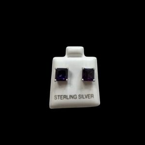Platinum over 925 Silver Princess Cut Amethyst Stud Earrings